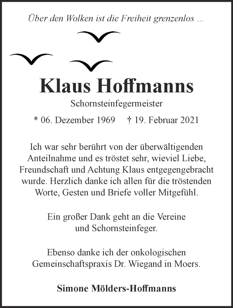  Traueranzeige für Klaus Hoffmanns vom 27.03.2021 aus 