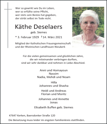 Traueranzeige von Käthe Deselaers 