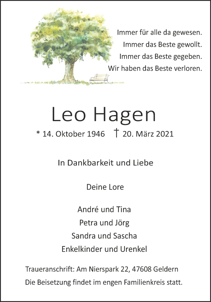  Traueranzeige für Leo Hagen vom 31.03.2021 aus 