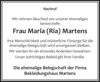 Traueranzeige von Maria Martens 