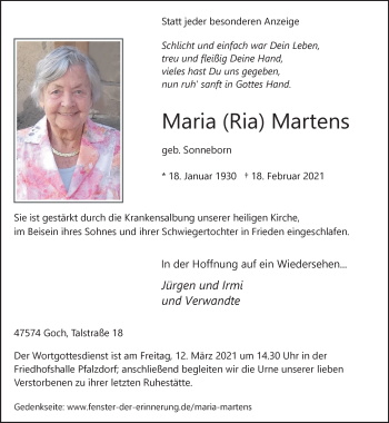 Traueranzeige von Maria Martens 