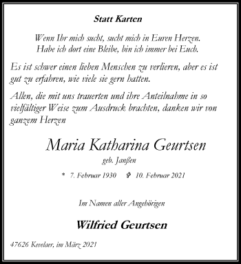 Traueranzeige von Maria Katharina Geurtsen 