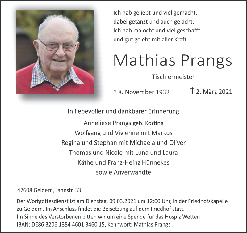  Traueranzeige für Mathias Prangs vom 06.03.2021 aus 