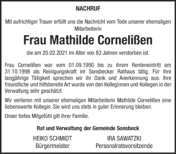 Traueranzeige von Mathilde Cornelißen 
