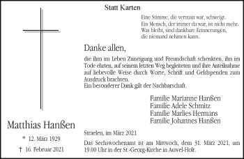 Traueranzeige von Matthias Hanßen 