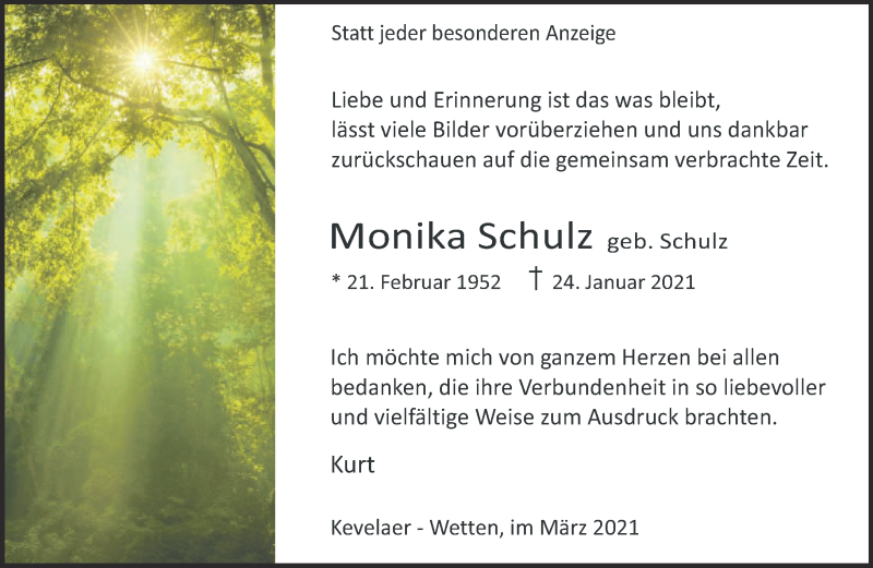  Traueranzeige für Monika Schulz vom 20.03.2021 aus 