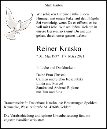 Traueranzeige von Reiner Kraska 