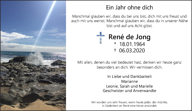  Traueranzeige für René de Jong vom 06.03.2021 aus 