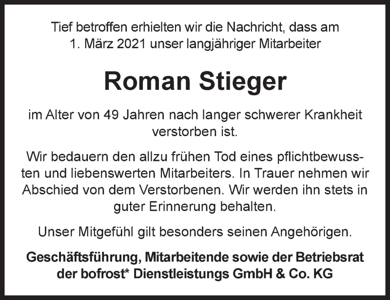  Traueranzeige für Roman Stieger vom 13.03.2021 aus 