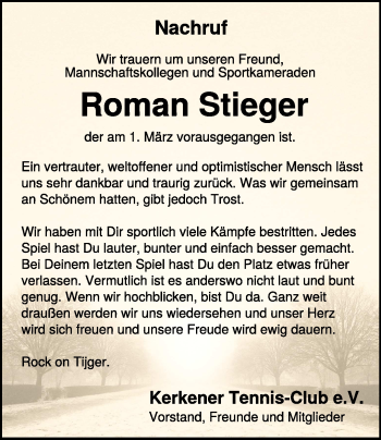 Traueranzeige von Roman Stieger 