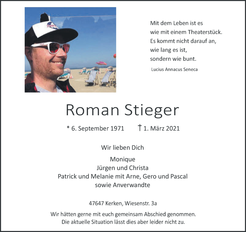 Traueranzeige für Roman Stieger vom 06.03.2021 aus 