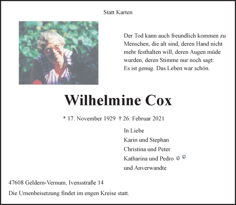  Traueranzeige für Wilhelmine Cox vom 06.03.2021 aus 