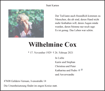 Traueranzeige von Wilhelmine Cox 