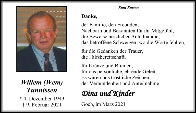  Traueranzeige für Willem Tunnissen vom 27.03.2021 aus 