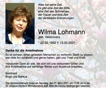 Traueranzeige von Wilma Lohmann 