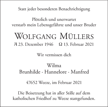 Traueranzeige von Wolfgang Müllers 