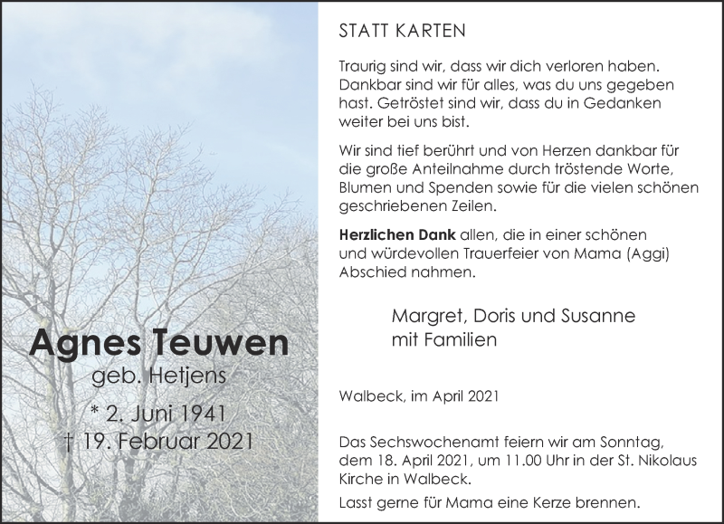  Traueranzeige für Agnes Teuwen vom 10.04.2021 aus 