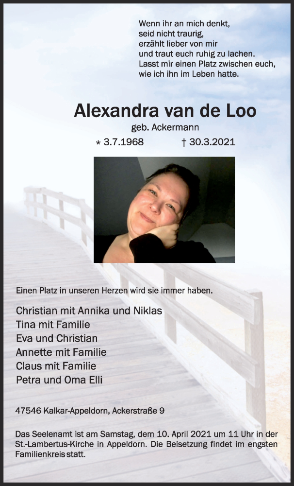  Traueranzeige für Alexandra van de Loo vom 07.04.2021 aus 