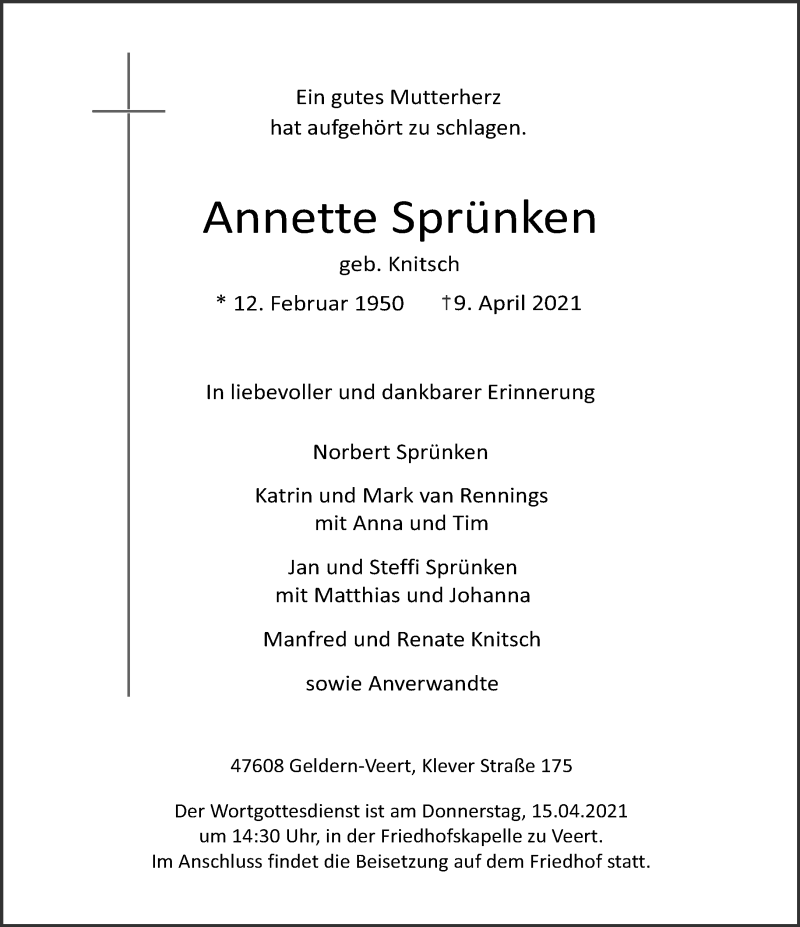  Traueranzeige für Annette Sprünken vom 14.04.2021 aus 