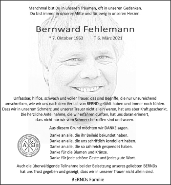 Traueranzeige von Bernward Fehlemann 