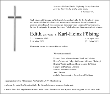 Traueranzeige von Edith und Karl-Heinz Fölsing 