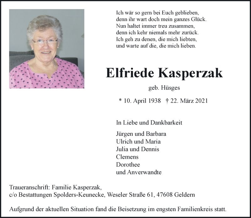  Traueranzeige für Elfriede Kasperzak vom 10.04.2021 aus 