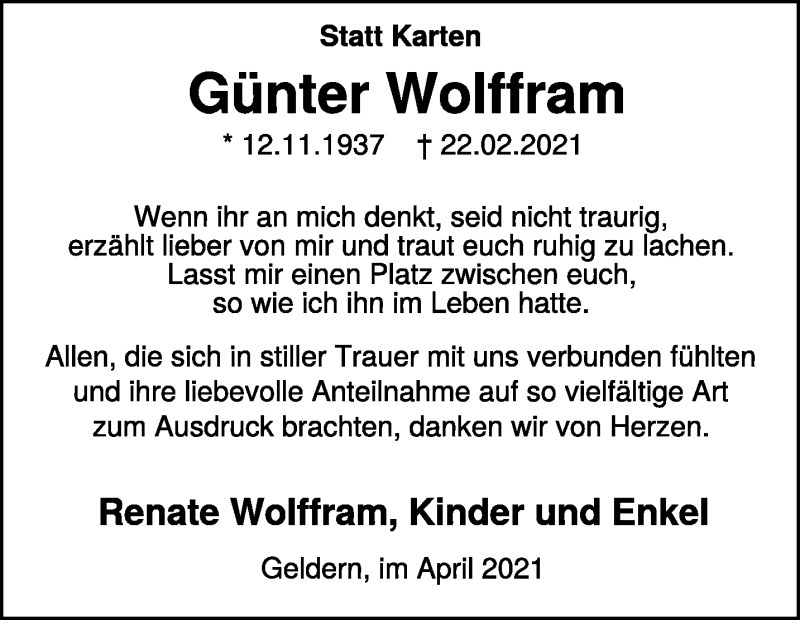  Traueranzeige für Günter Wolffram vom 03.04.2021 aus 