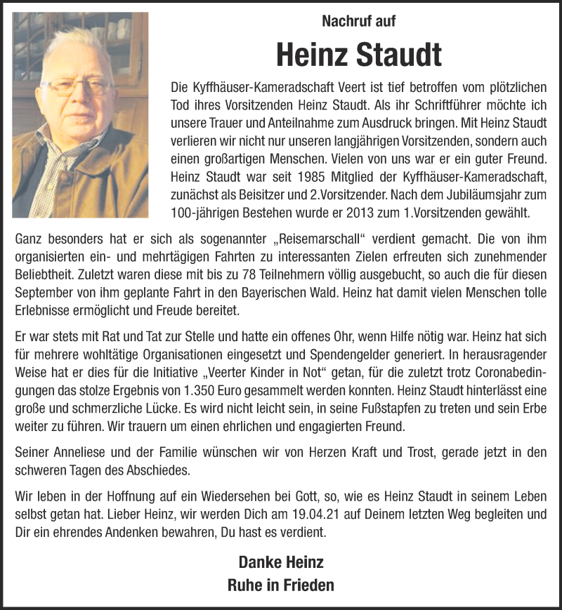  Traueranzeige für Heinz Staudt vom 14.04.2021 aus 