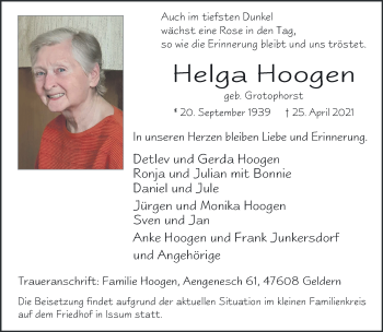 Traueranzeige von Helga Hoogen 