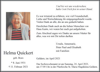 Traueranzeige von Helma Quickert 