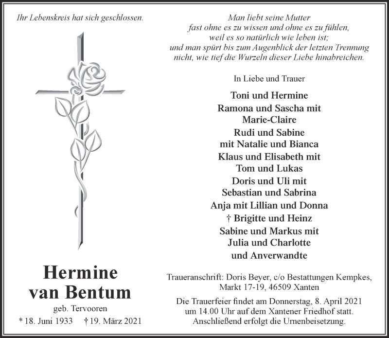  Traueranzeige für Hermine van Bentum vom 03.04.2021 aus 