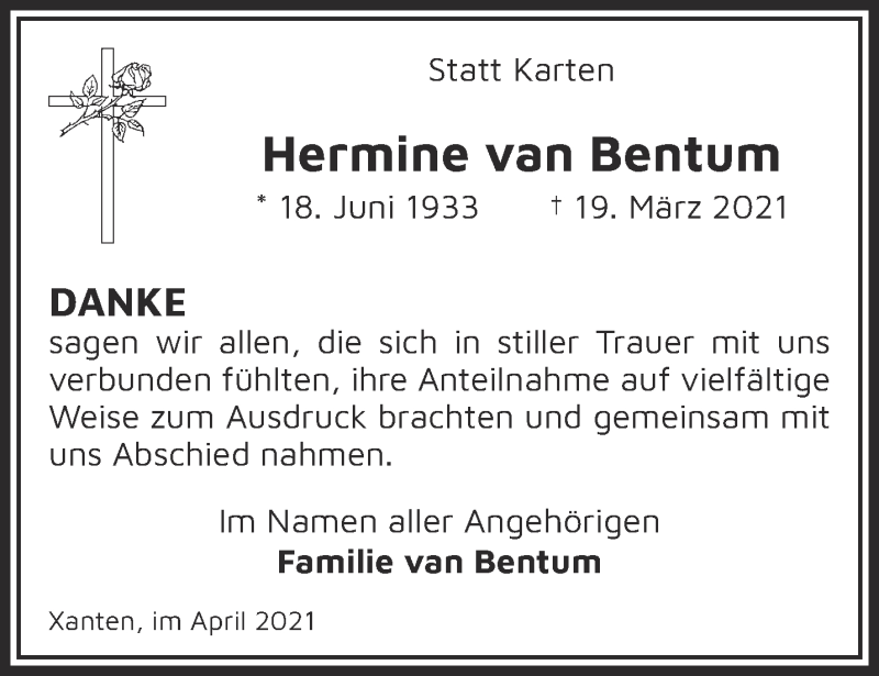 Traueranzeige für Hermine van Bentum vom 17.04.2021 aus 