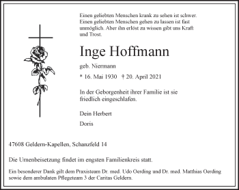 Traueranzeige von Inge Hoffmann 