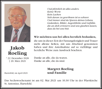 Traueranzeige von Jakob Roeling 