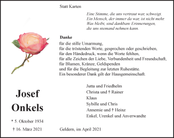 Traueranzeige von Josef Onkels 