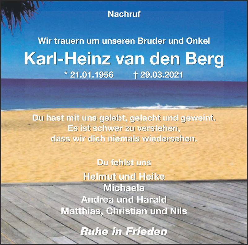  Traueranzeige für Karl-Heinz van den Berg vom 03.04.2021 aus 