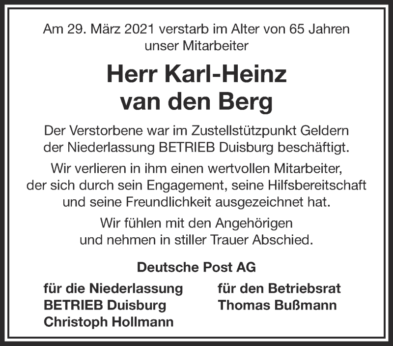  Traueranzeige für Karl-Heinz van den Berg vom 24.04.2021 aus 