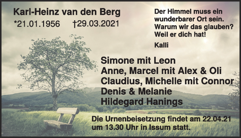  Traueranzeige für Karl-Heinz van den Berg vom 10.04.2021 aus 