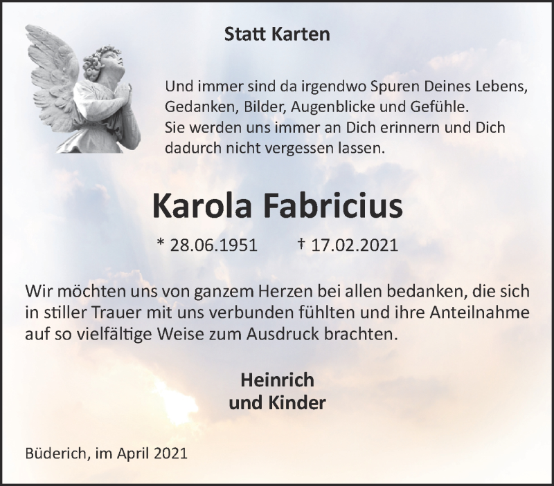  Traueranzeige für Karola Fabricius vom 07.04.2021 aus 