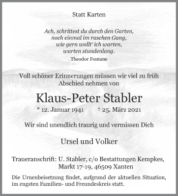 Traueranzeige von Klaus-Peter Stabler 