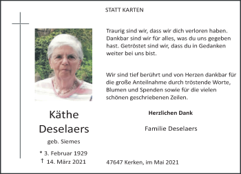Traueranzeige von Käthe Deselaers 