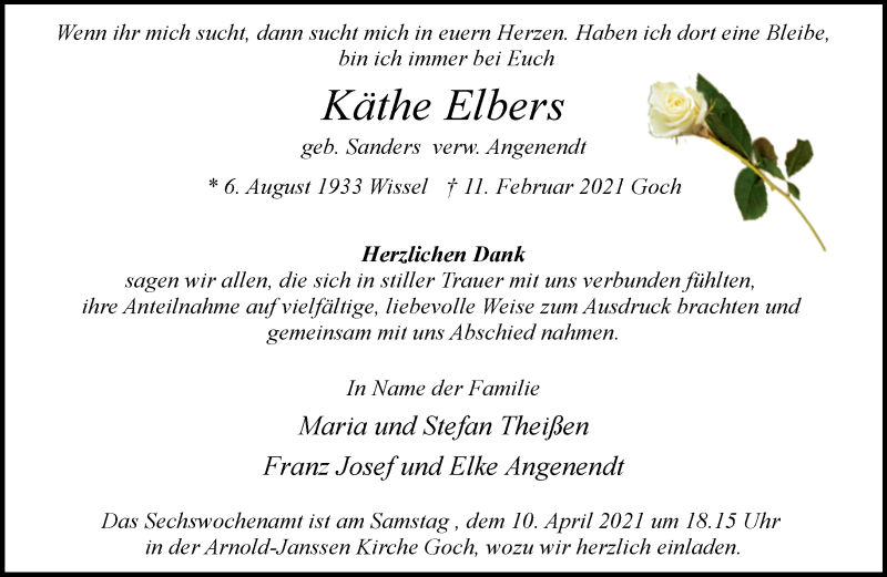  Traueranzeige für Käthe Elbers vom 03.04.2021 aus 