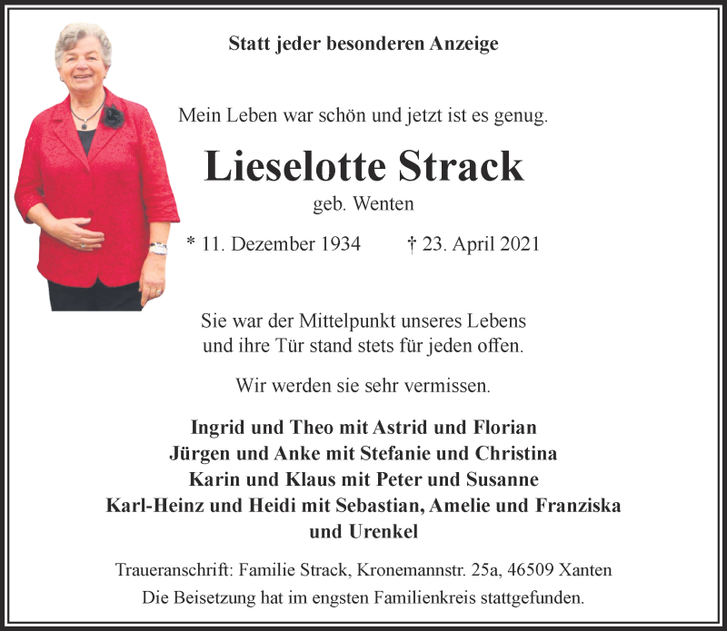  Traueranzeige für Lieselotte Strack vom 30.04.2021 aus 