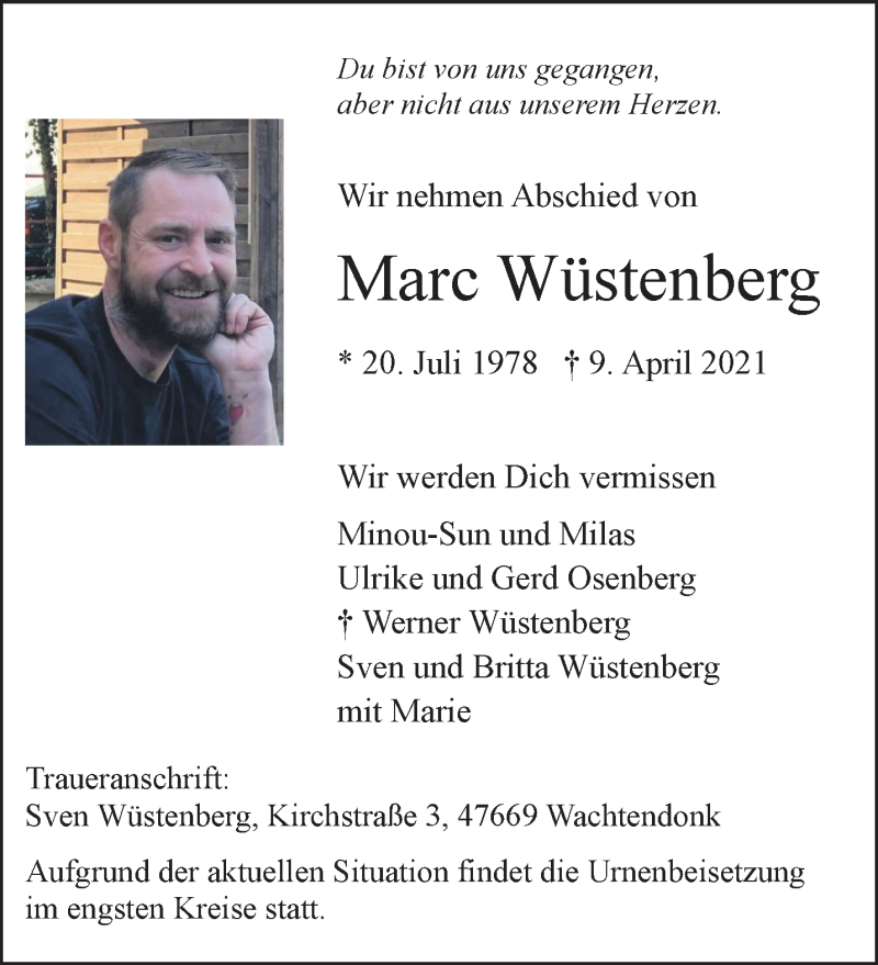 Traueranzeige für Marc Wüstenberg vom 17.04.2021 aus 