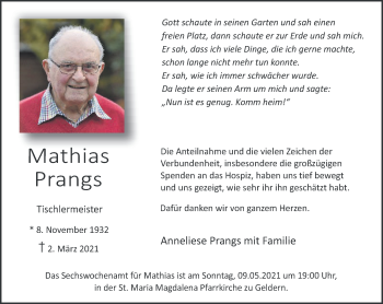 Traueranzeige von Mathias Prangs 