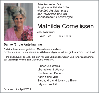 Traueranzeige von Mathilde Cornelissen 