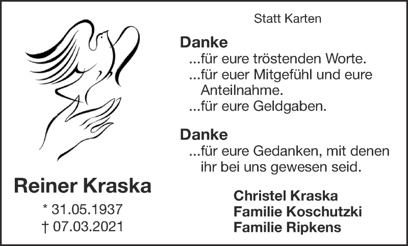  Traueranzeige für Reiner Kraska vom 10.04.2021 aus 