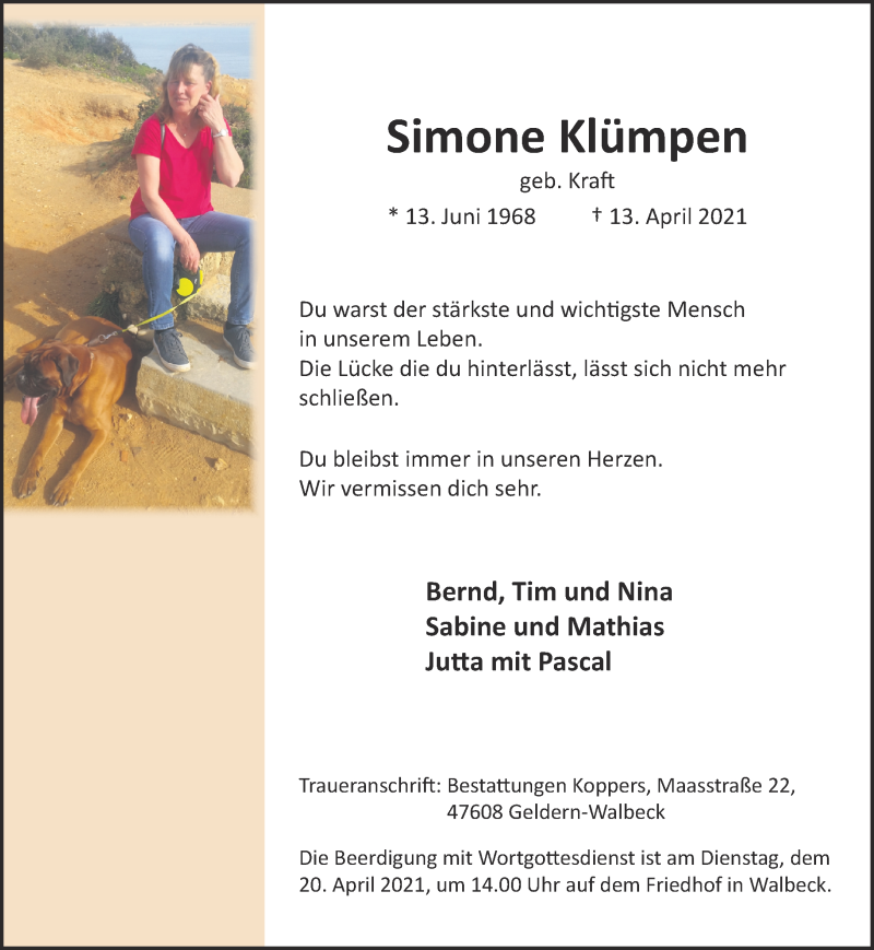  Traueranzeige für Simone Klümpen vom 17.04.2021 aus 