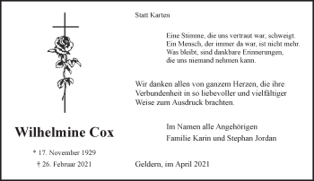 Traueranzeige von Wilhelmine Cox 