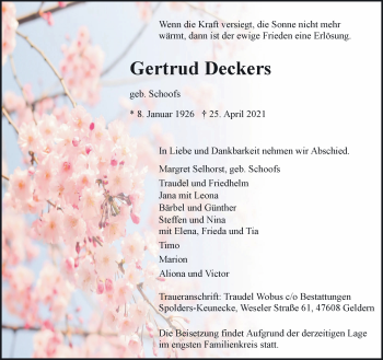 Traueranzeige von Gertrud Deckers 
